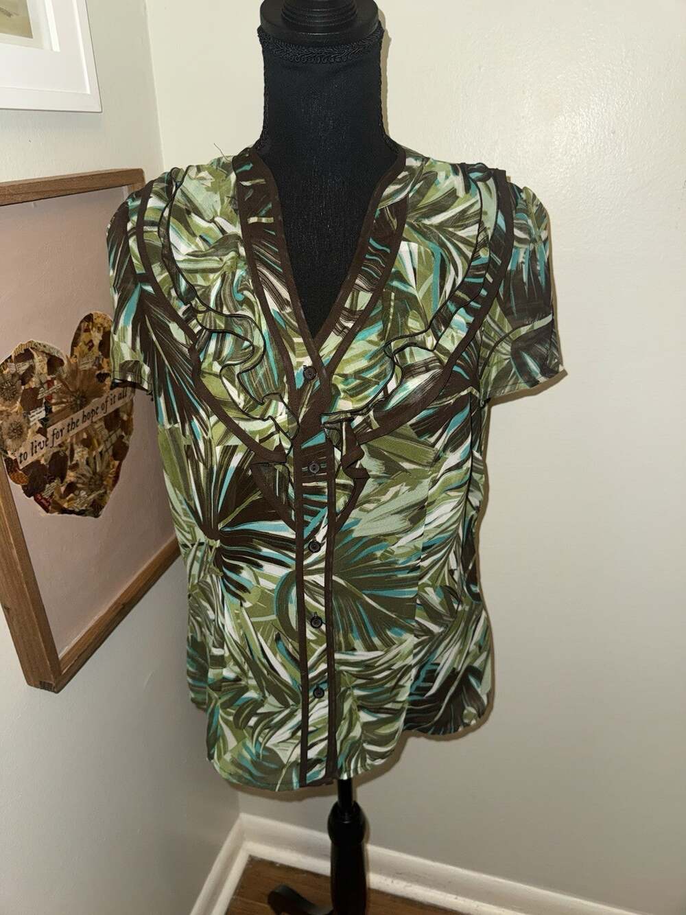 Vintage Y2K East 5th Tropical Boho Blouse M Ruffle V-Neck Fairy Core Earthy
